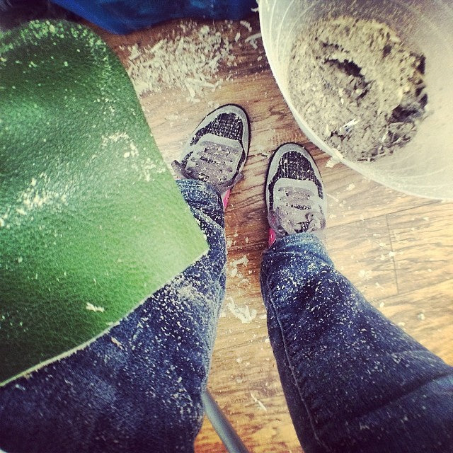 No, that isn't snow....leather skiving is messy!