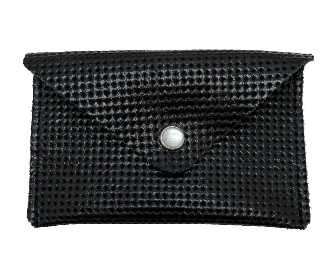 Black woven wallet with a button on a white background#color_black