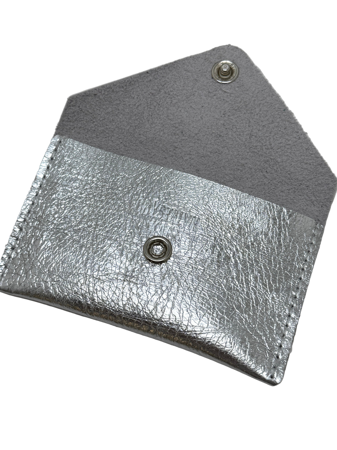 Silver leather wallet with gray flap on a gray background#color_silver