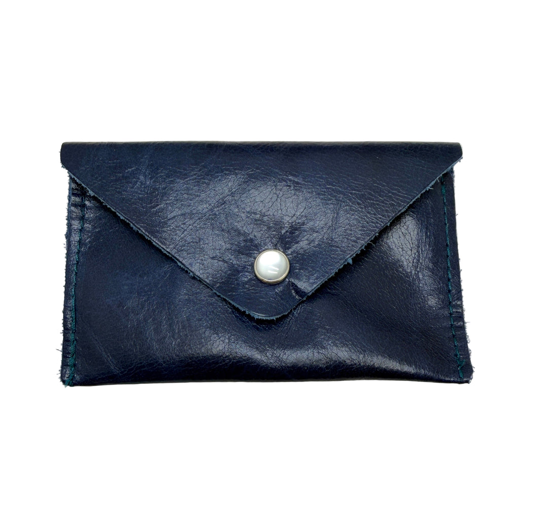 Navy blue leather wallet with a pearl button on a white background #color_navy