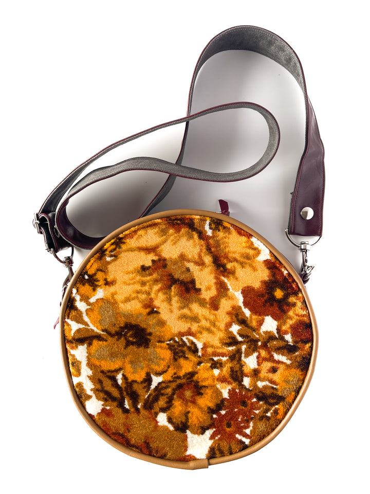 Circle Crossbody Bag With Vintage Fabric - Floral Chenille