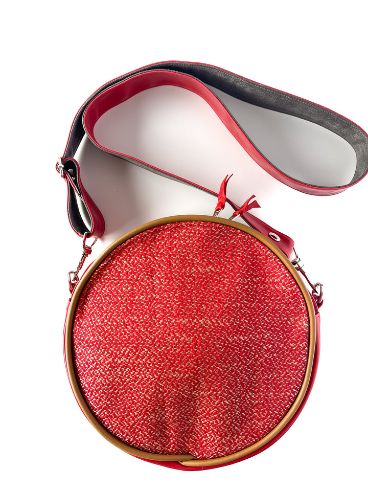 Circle Crossbody Bag With Vintage Fabric - Red Tweed