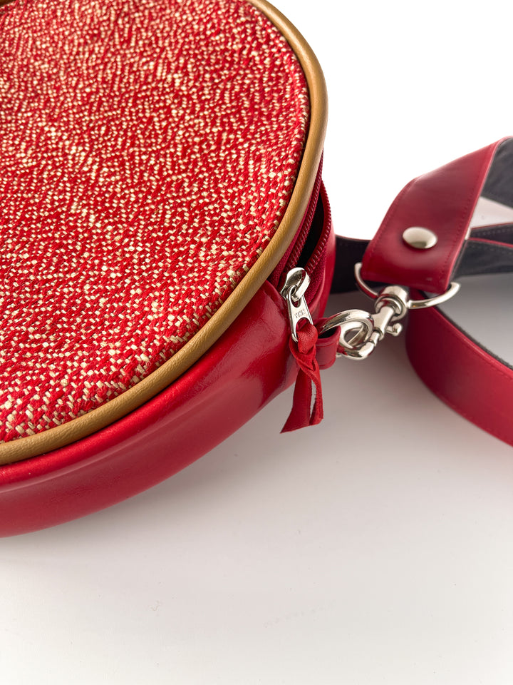 Circle Crossbody Bag With Vintage Fabric - Red Tweed