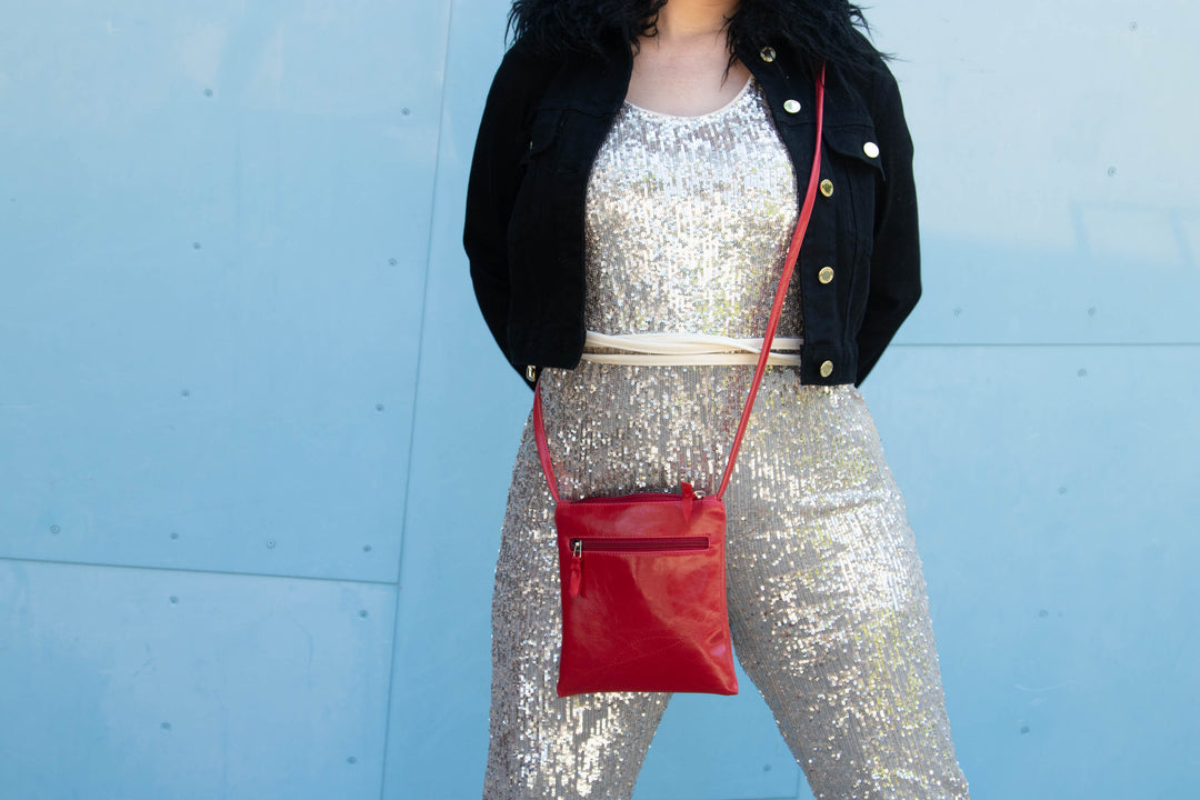 Cha Cha Small Crossbody Bag from Glazed Vegan Leather made in USA#color_cherry-red