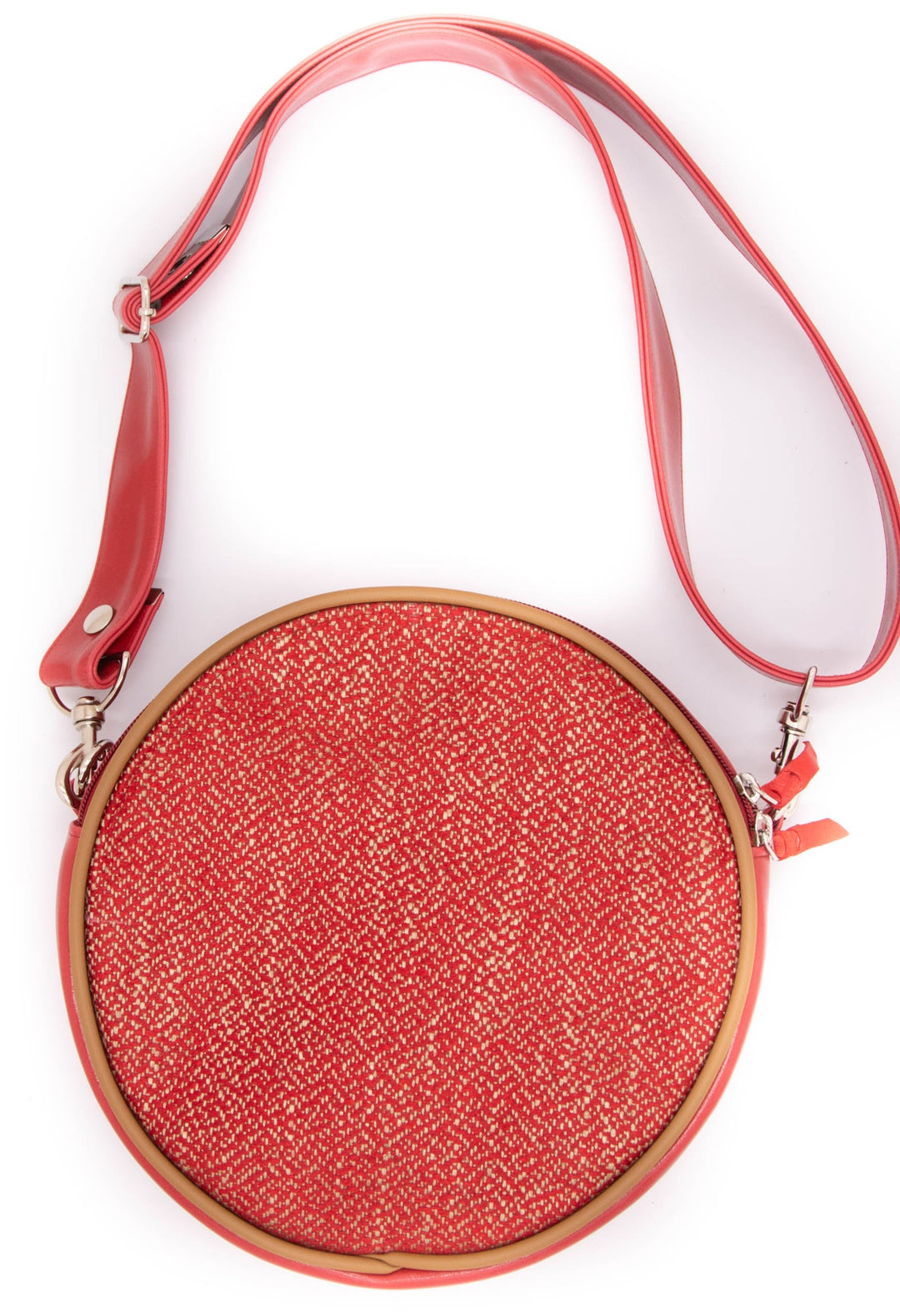 Circle Crossbody Bag With Vintage Fabric - Red Tweed