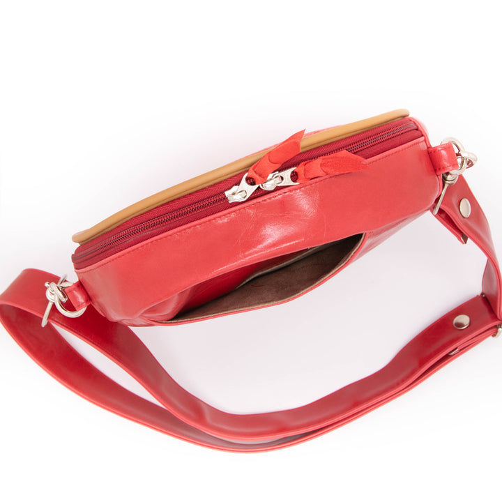 Circle Crossbody Bag With Vintage Fabric - Red Tweed