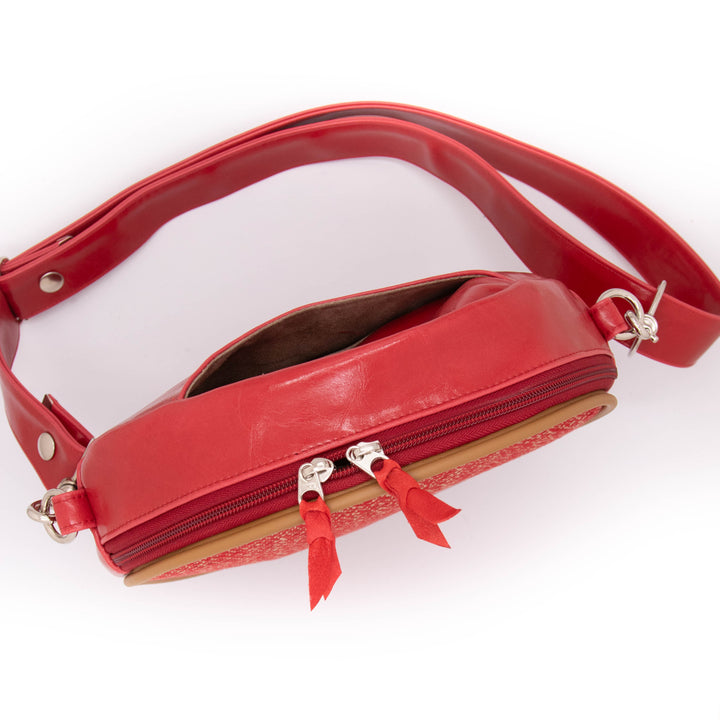 Circle Crossbody Bag With Vintage Fabric - Red Tweed