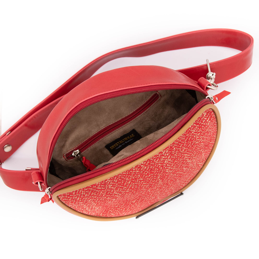 Circle Crossbody Bag With Vintage Fabric - Red Tweed