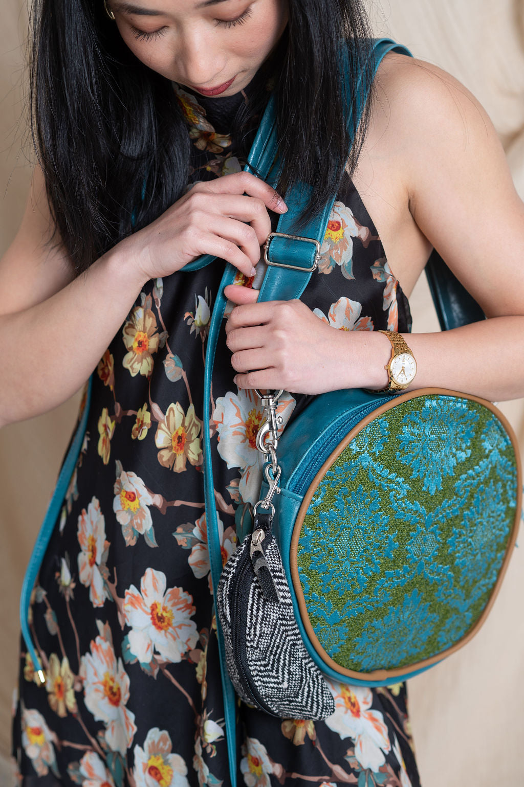 Circle Crossbody Bag With Vintage Fabric- Auntie Mame
