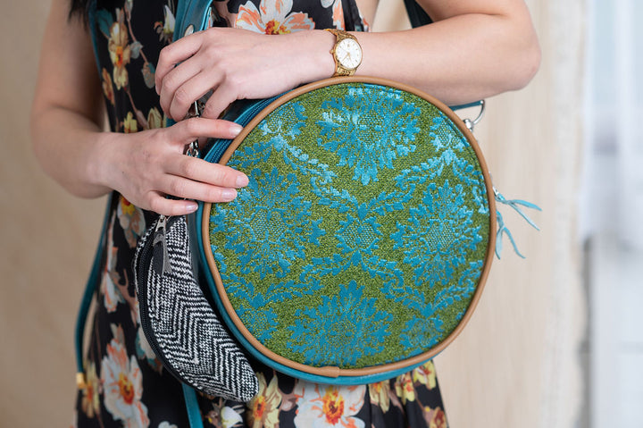 Circle Crossbody Bag With Vintage Fabric- Auntie Mame