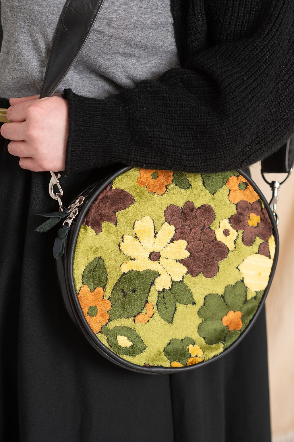 Circle Crossbody Bag With Vintage Fabric- Green Floral Chenille