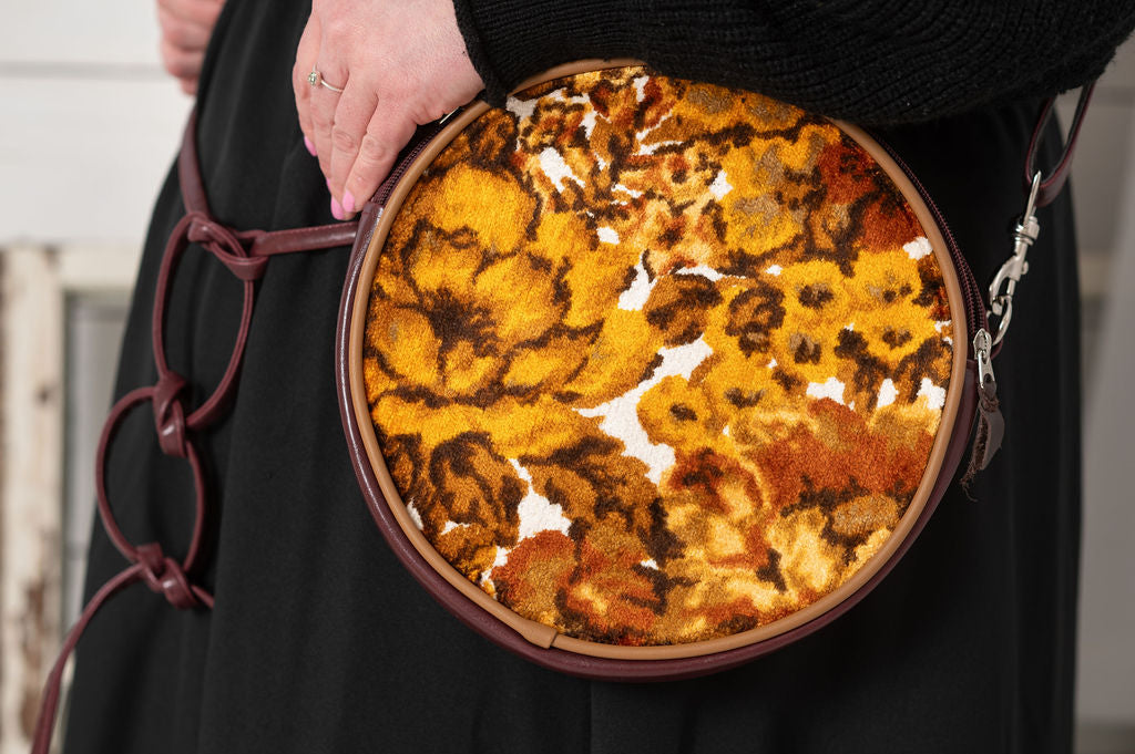 Circle Crossbody Bag With Vintage Fabric - Floral Chenille