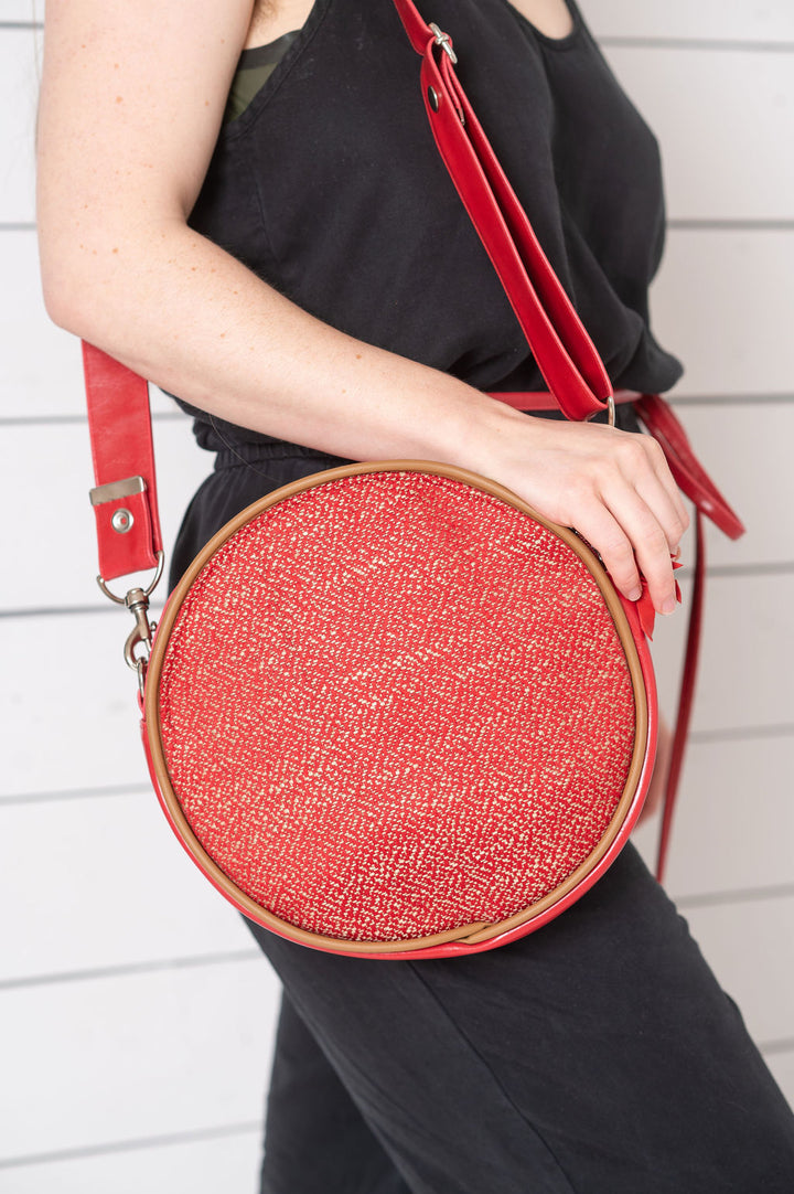 Circle Crossbody Bag With Vintage Fabric - Red Tweed