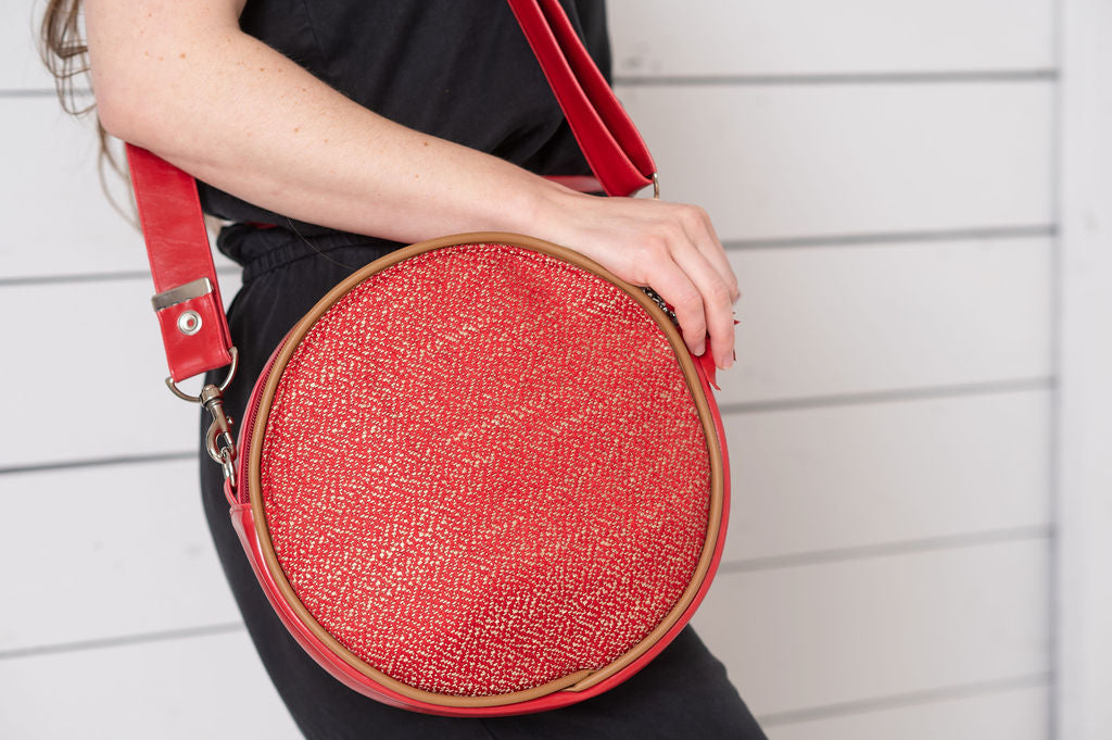 Circle Crossbody Bag With Vintage Fabric - Red Tweed
