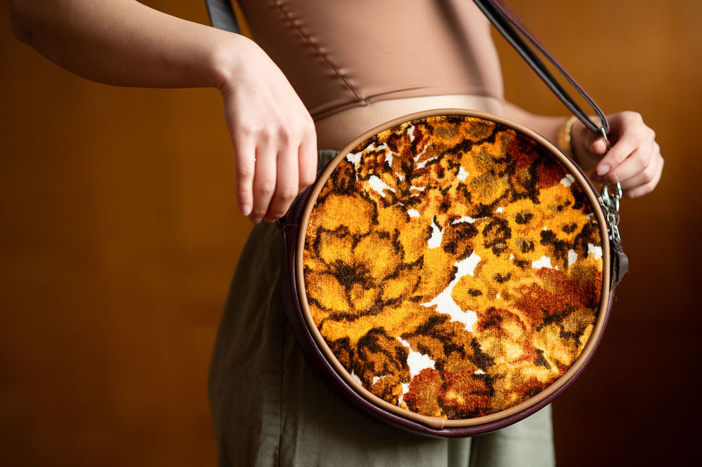 Circle Crossbody Bag With Vintage Fabric - Floral Chenille