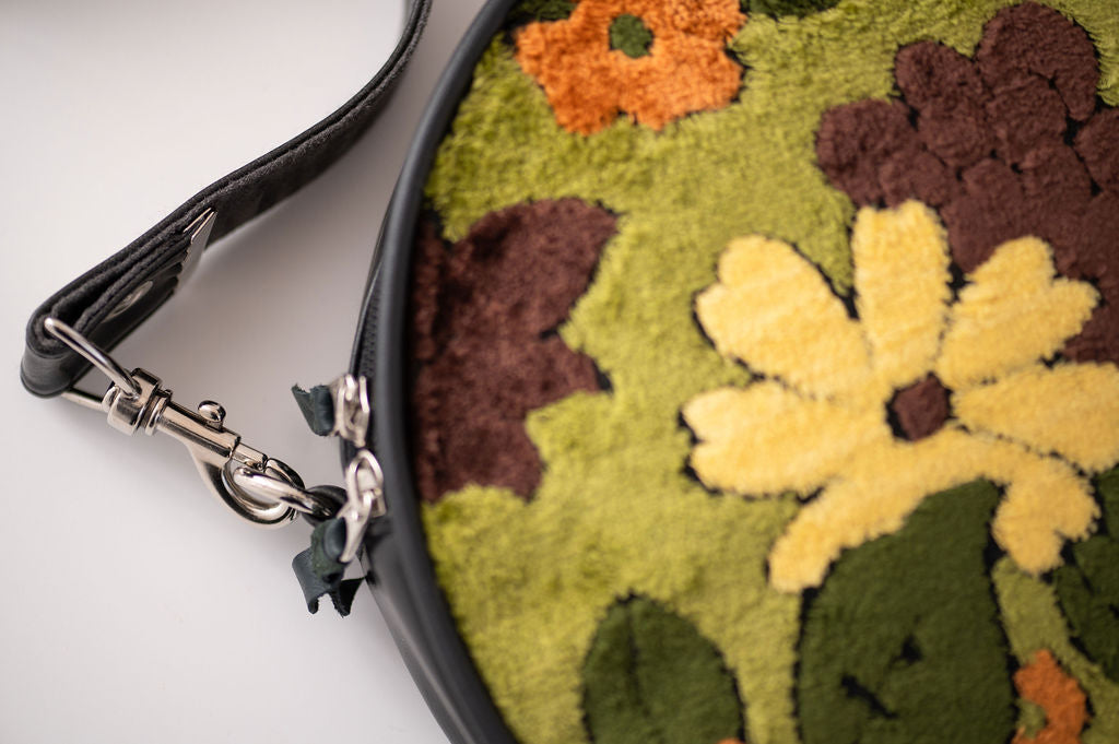 Circle Crossbody Bag With Vintage Fabric- Green Floral Chenille