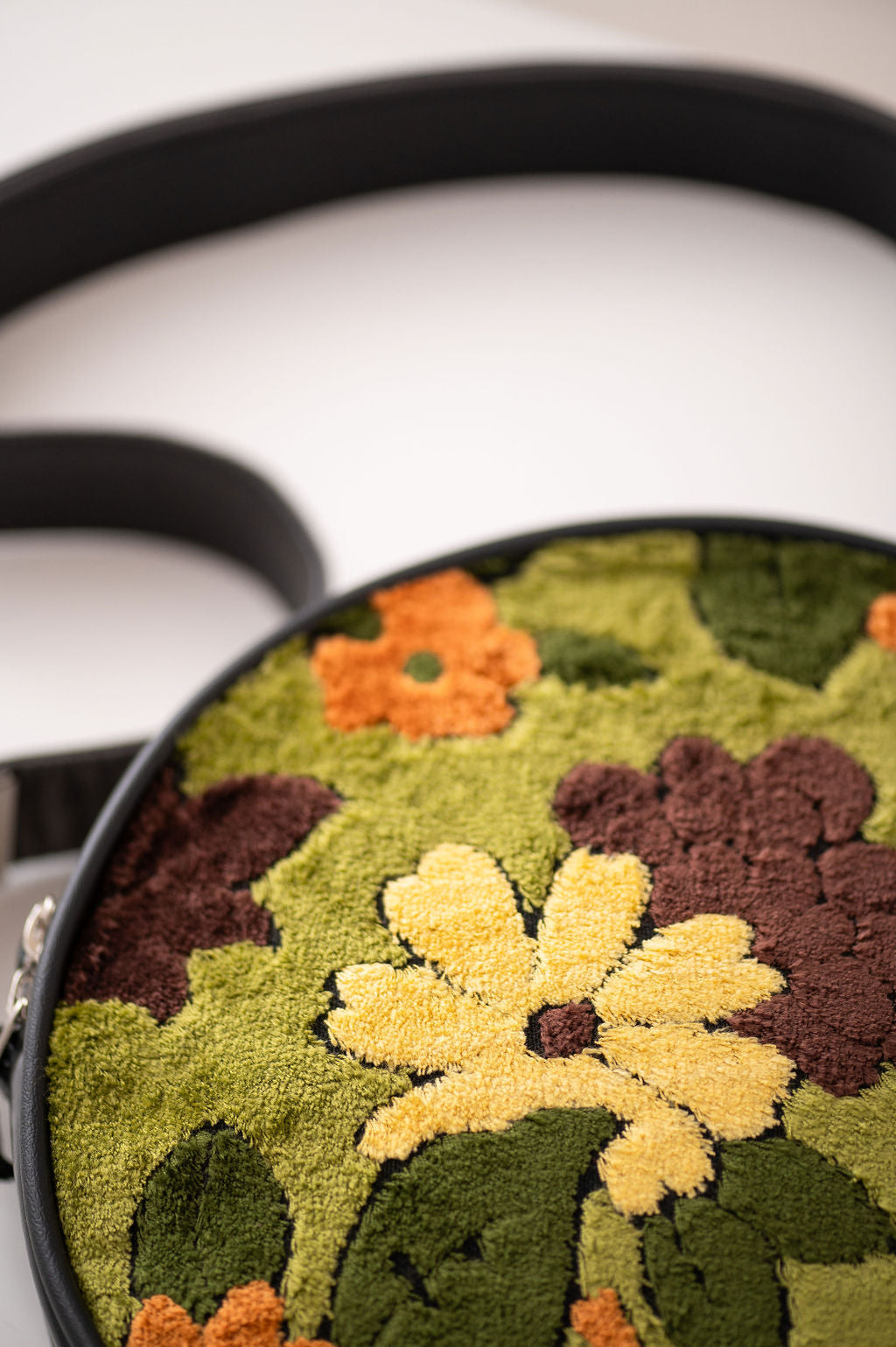 Circle Crossbody Bag With Vintage Fabric- Green Floral Chenille