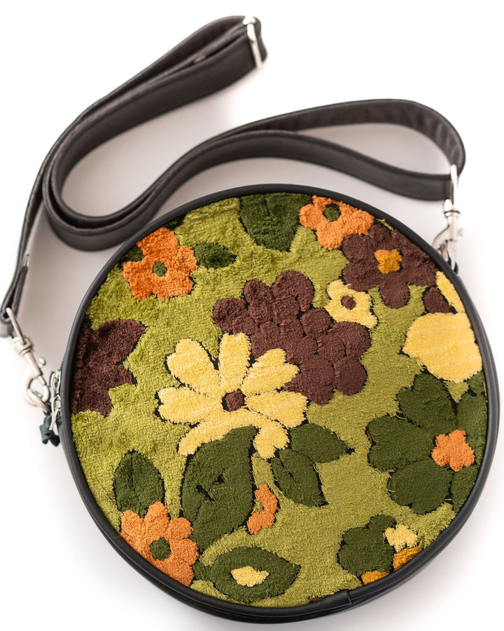 Circle Crossbody Bag With Vintage Fabric- Green Floral Chenille