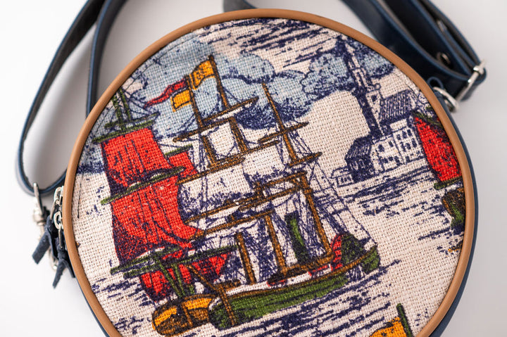 Circle Crossbody Bag With Vintage Fabric - Morro Bay