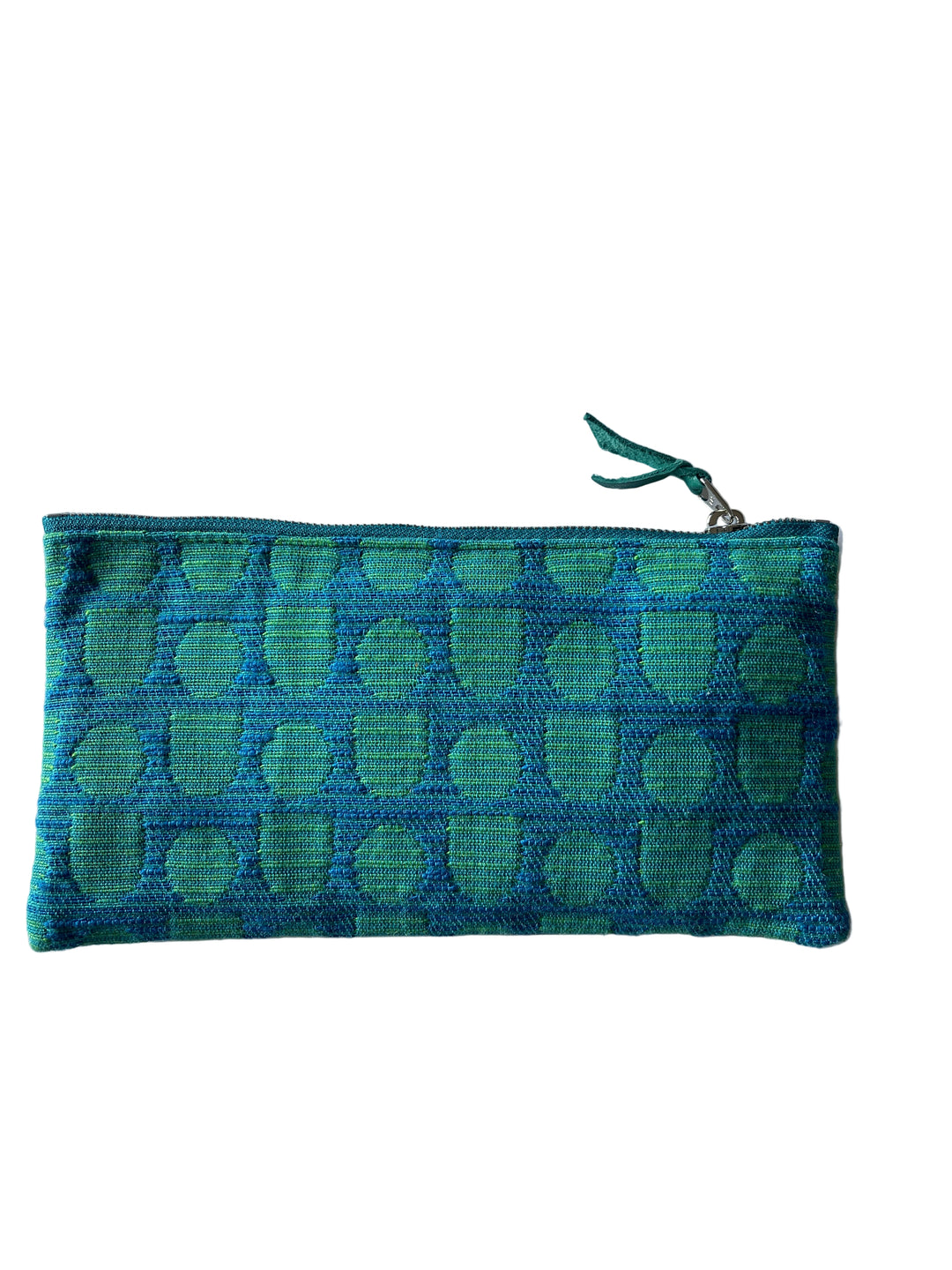 Green patterned zippered pouch on a light gray background