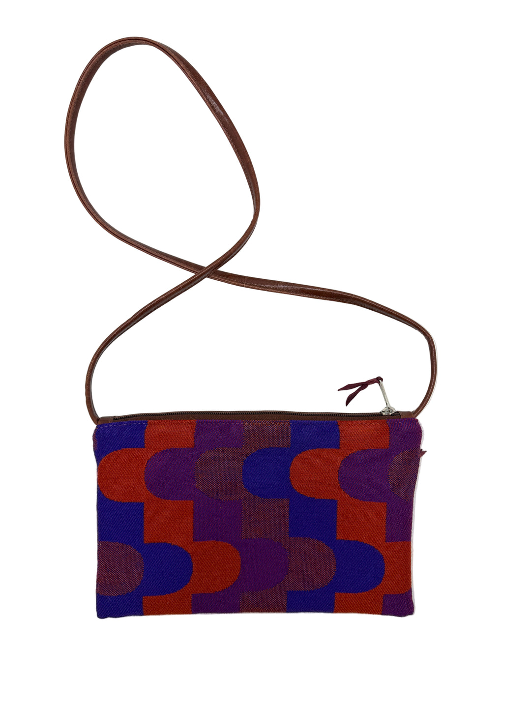 Patterned pouch with a brown strap on a white background#color_sky-arches-red-purple
