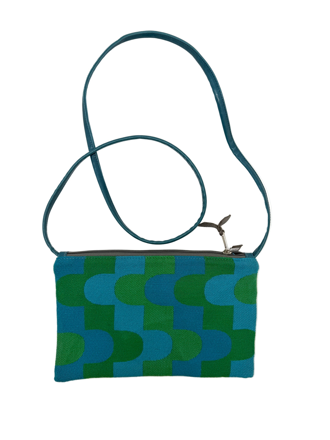 Green and blue patterned pouch with a strap on a white background#color_sky-arches-teal-green