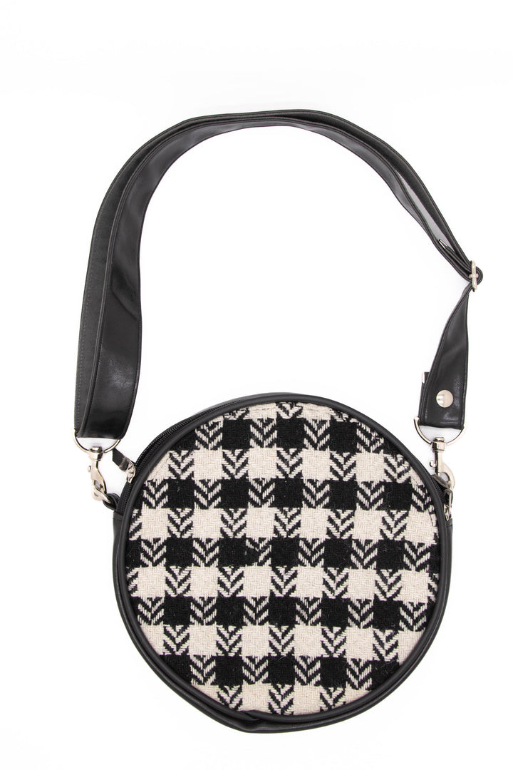Vintage Fabric Circle Crossbody Bag - *PREORDER* Gothic Black & White Houndstooth