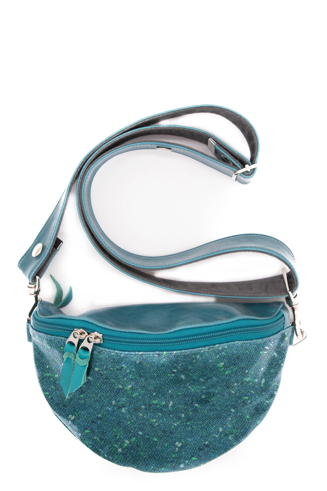 teal fanny pack with tweed front #color_tidepool-tweed