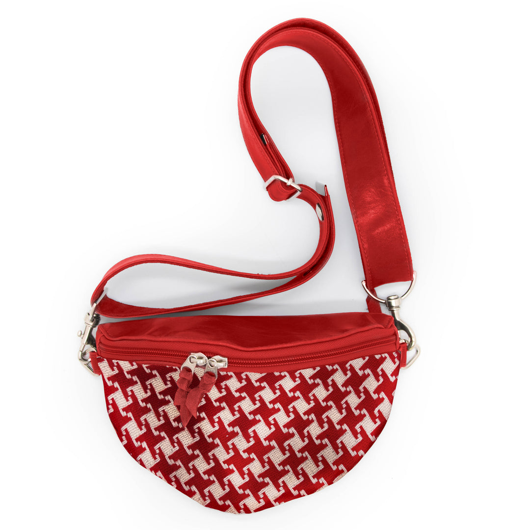 Red and white checkered fanny pack with a strap on a white background#color_provocateur-houndstooth