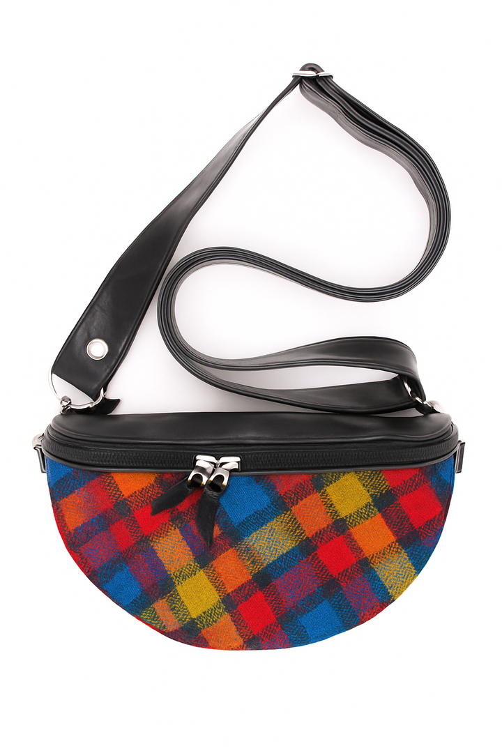 Multicolored plaid bag with a black strap on a white background#color_bonfire-plaid