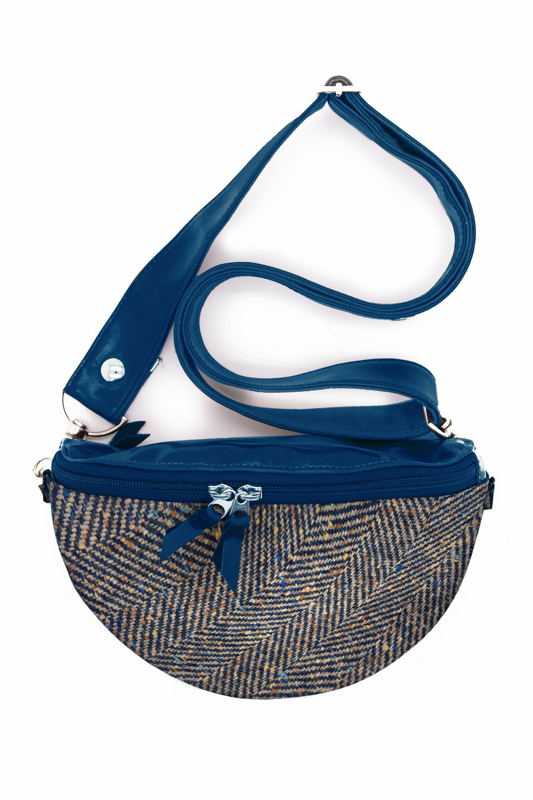 Blue and brown fanny pack crossbody bag on a white background#color_woodland-herringbone