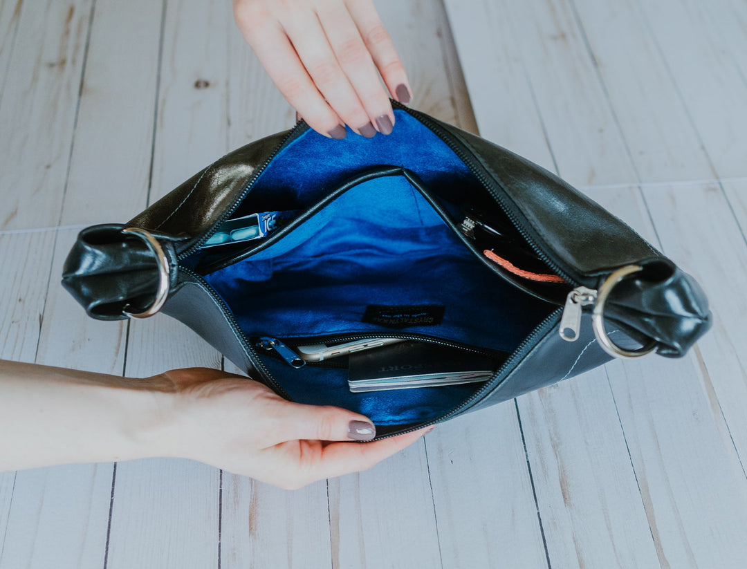 Womens Hobo Purse - Foxtrot Medium Topstitch Hobo Bag - Black Vegan Leather#color_black