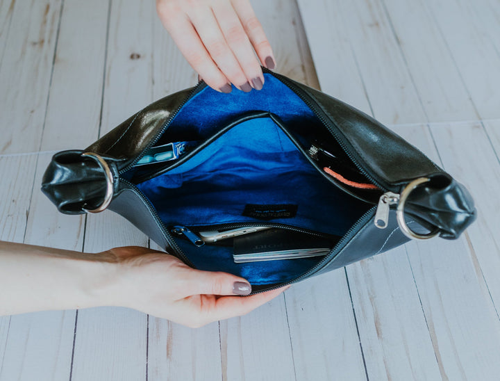 Womens Hobo Purse - Foxtrot Medium Topstitch Hobo Bag - Black Vegan Leather#color_black