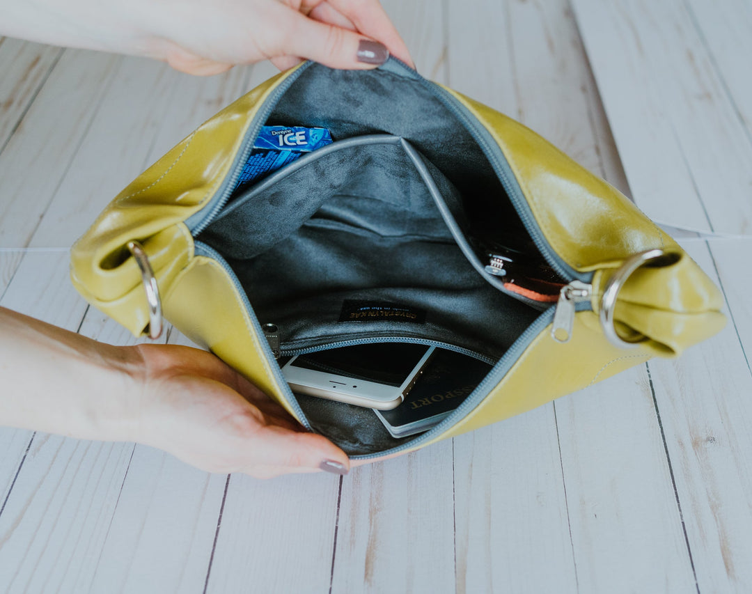 Womens Hobo Purse - Foxtrot Medium Topstitch Hobo Bag - Citrine Green Vegan Leather Vegan Coated Canvas made in USA#color_citrine