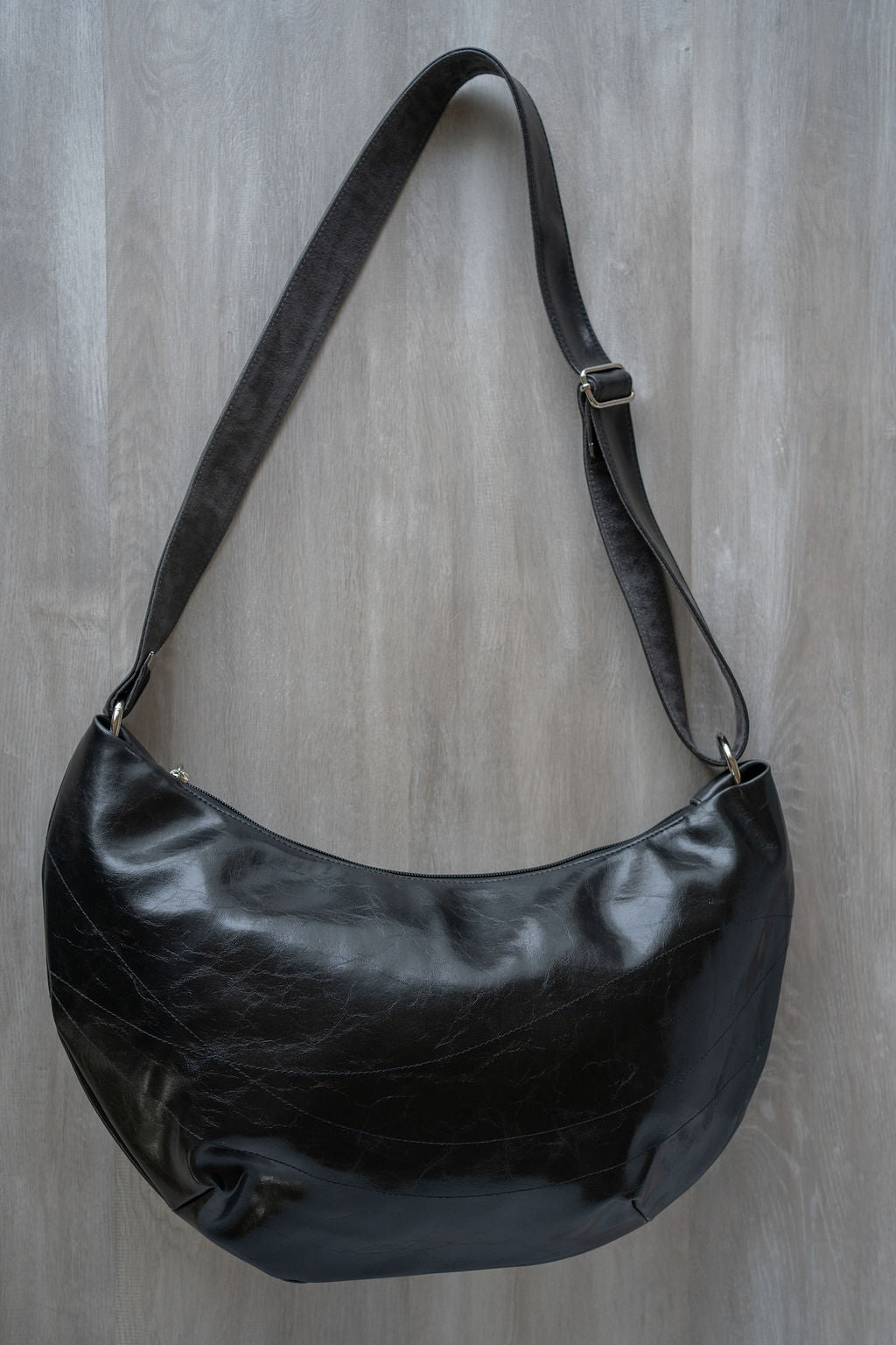 Womens Hobo Purse - Charleston Large Topstitch Hobo - Black Vegan Leather#color_black