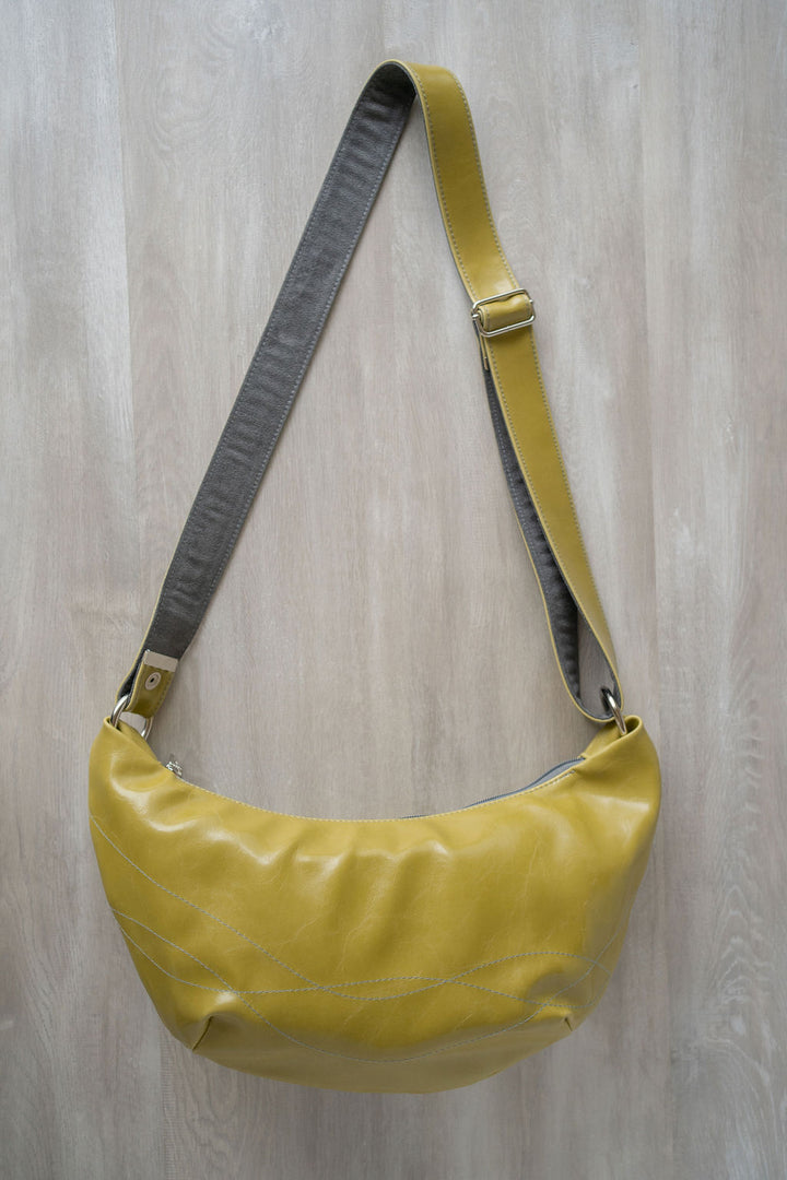 Womens Hobo Purse - Foxtrot Medium Topstitch Hobo Bag - Citrine Green Vegan Leather Vegan Coated Canvas made in USA#color_citrine