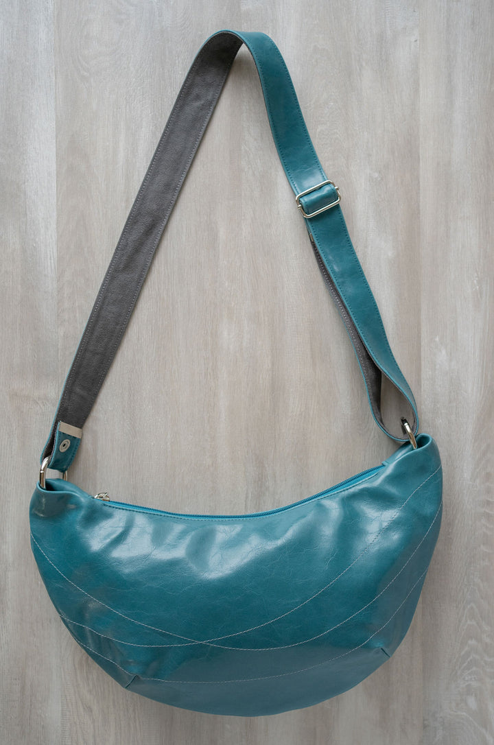 Womens Hobo Purse - Foxtrot Medium Topstitch Hobo Bag - Teal Vegan Leather made in usa#color_teal