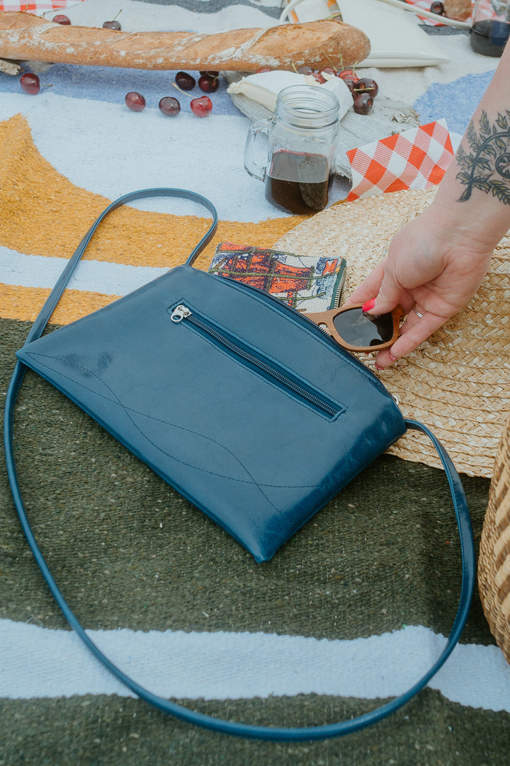 Bossa Nova Medium Crossbody Bag from Glazed Vegan Leather made in USA#color_navy