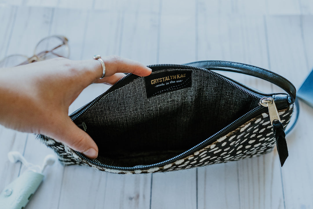 Bossa Nova Medium Crossbody Bag from Limited Edition Fabric made in USA#color_black-white-cowhide