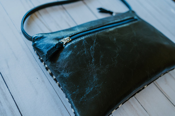 Bossa Nova Medium Crossbody Bag from Limited Edition Fabric made in USA#color_black-white-cowhide
