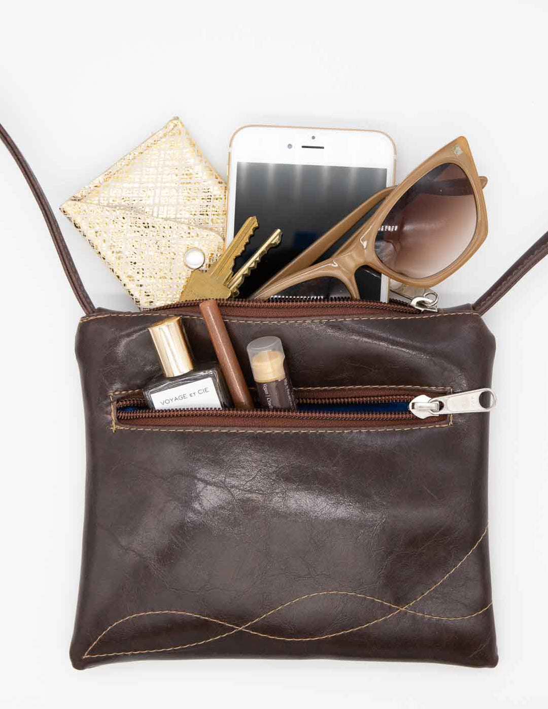 Cha Cha Small Crossbody Bag from Glazed Vegan Leather made in USA#color_chocolate-brown