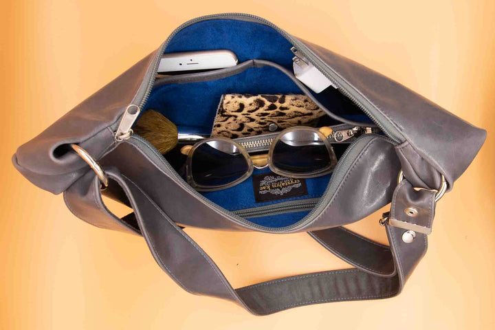 Womens Hobo Purse - Foxtrot Medium Topstitch Hobo Bag - Grey Vegan Leather#color_grey