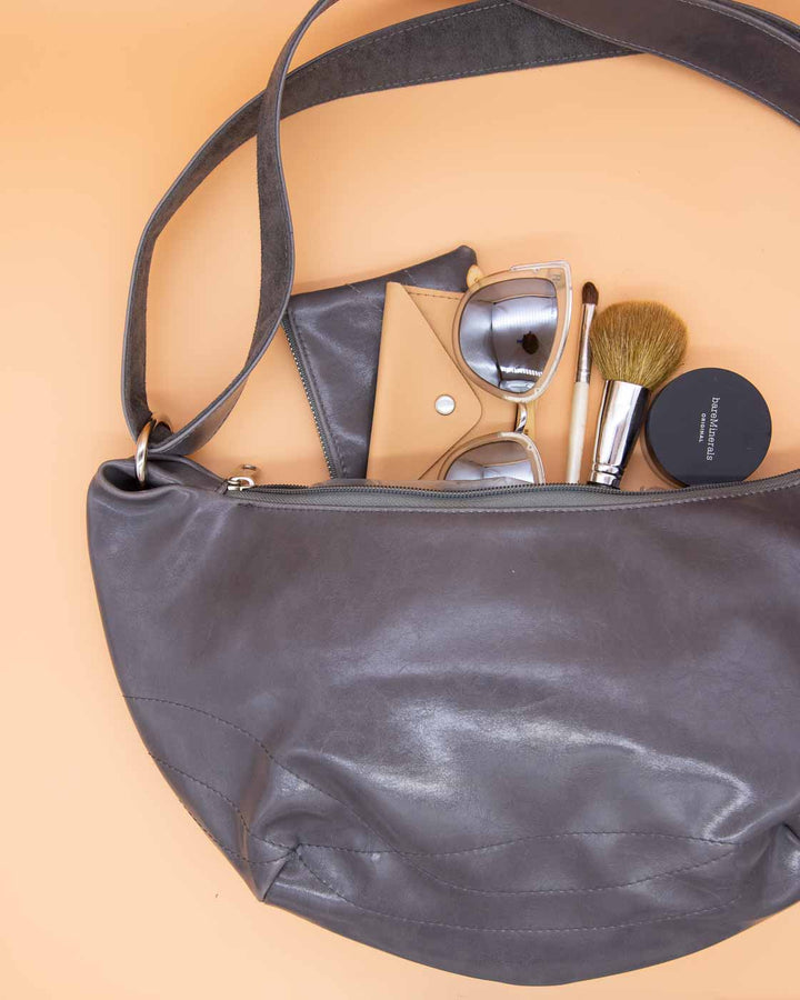 Womens Hobo Purse - Foxtrot Medium Topstitch Hobo Bag - Grey Vegan Leather#color_grey