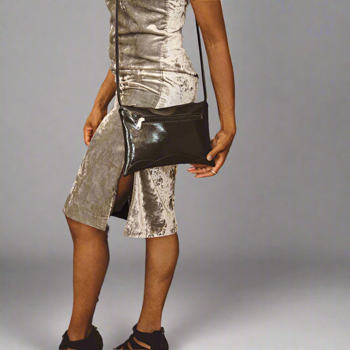 Bossa Nova Medium Crossbody Bag from Glazed Vegan Leather made in USA#color_black