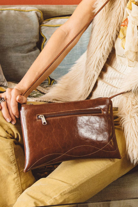 Bossa Nova Medium Crossbody Bag from Glazed Vegan Leather made in USA#color_ale-brown