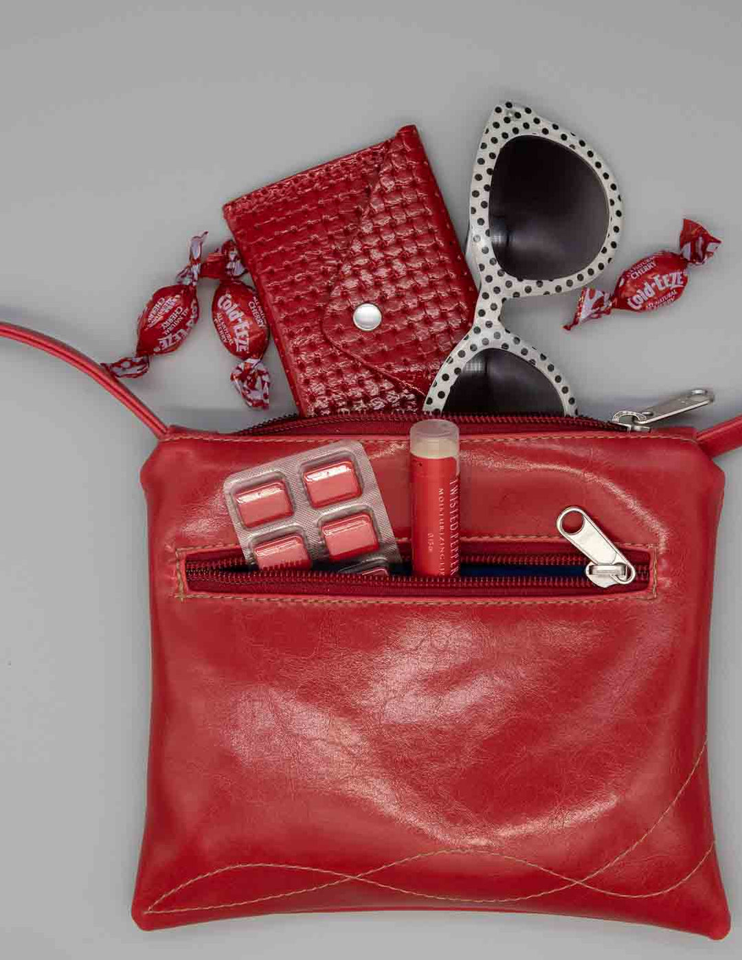 Cha Cha Small Crossbody Bag from Glazed Vegan Leather made in USA#color_cherry-red