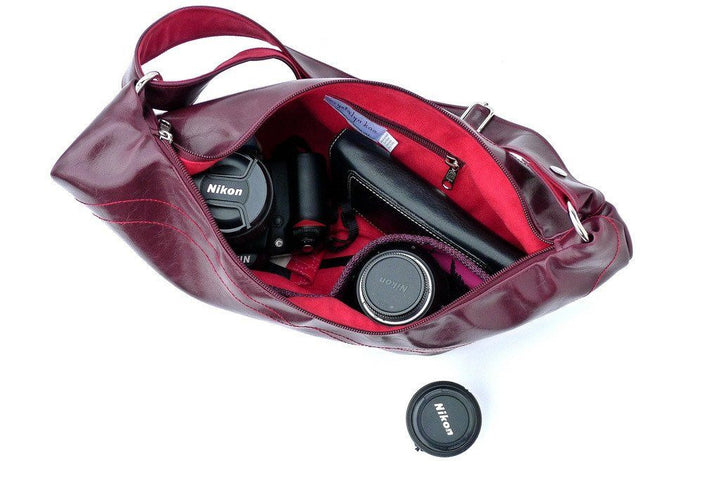 Womens Hobo Purse - Charleston Large Topstitch Hobo - Black Vegan Leather#color_wine