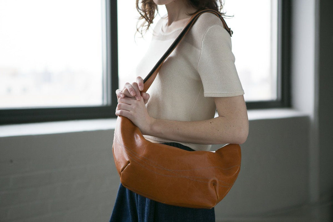 Womens Hobo Purse - Foxtrot Medium Topstitch Hobo Bag - Orange Vegan Leather#color_butterscotch