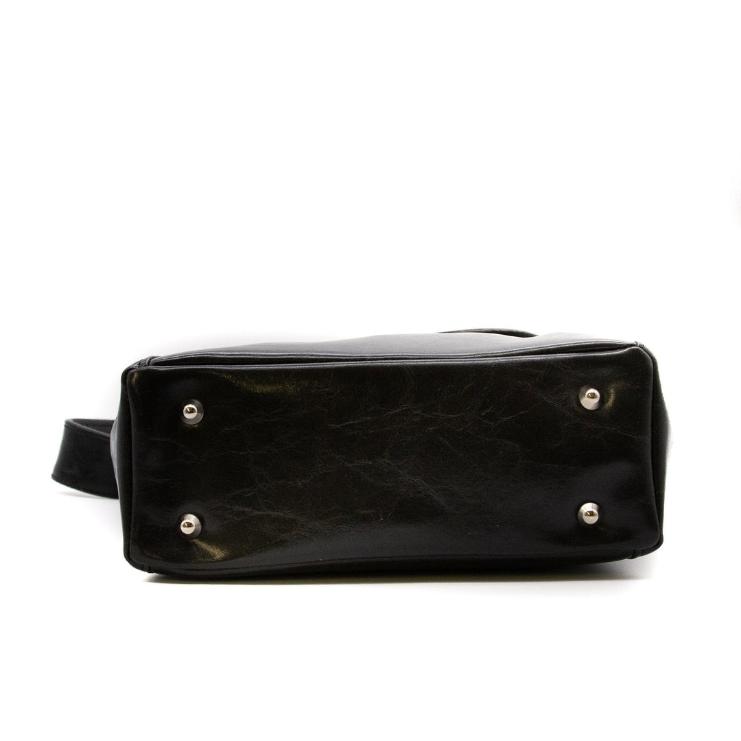 bottom view of Womens Tote Bag - Mini Troubadour Tote- Black Vegan Leather#color_black