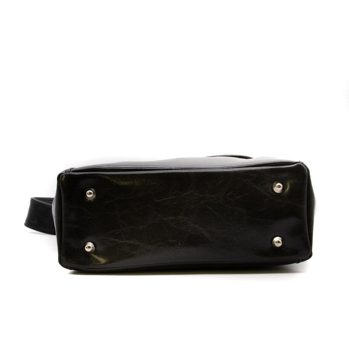 bottom view of Womens Tote Bag - Mini Troubadour Tote- Black Vegan Leather#color_black